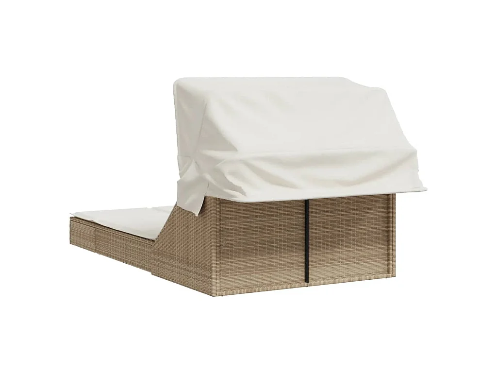 Chaise longue double avec auvent et coussins beige poly rotin