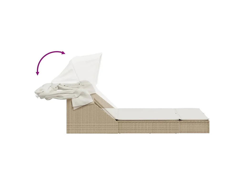 Chaise longue double avec auvent et coussins beige poly rotin