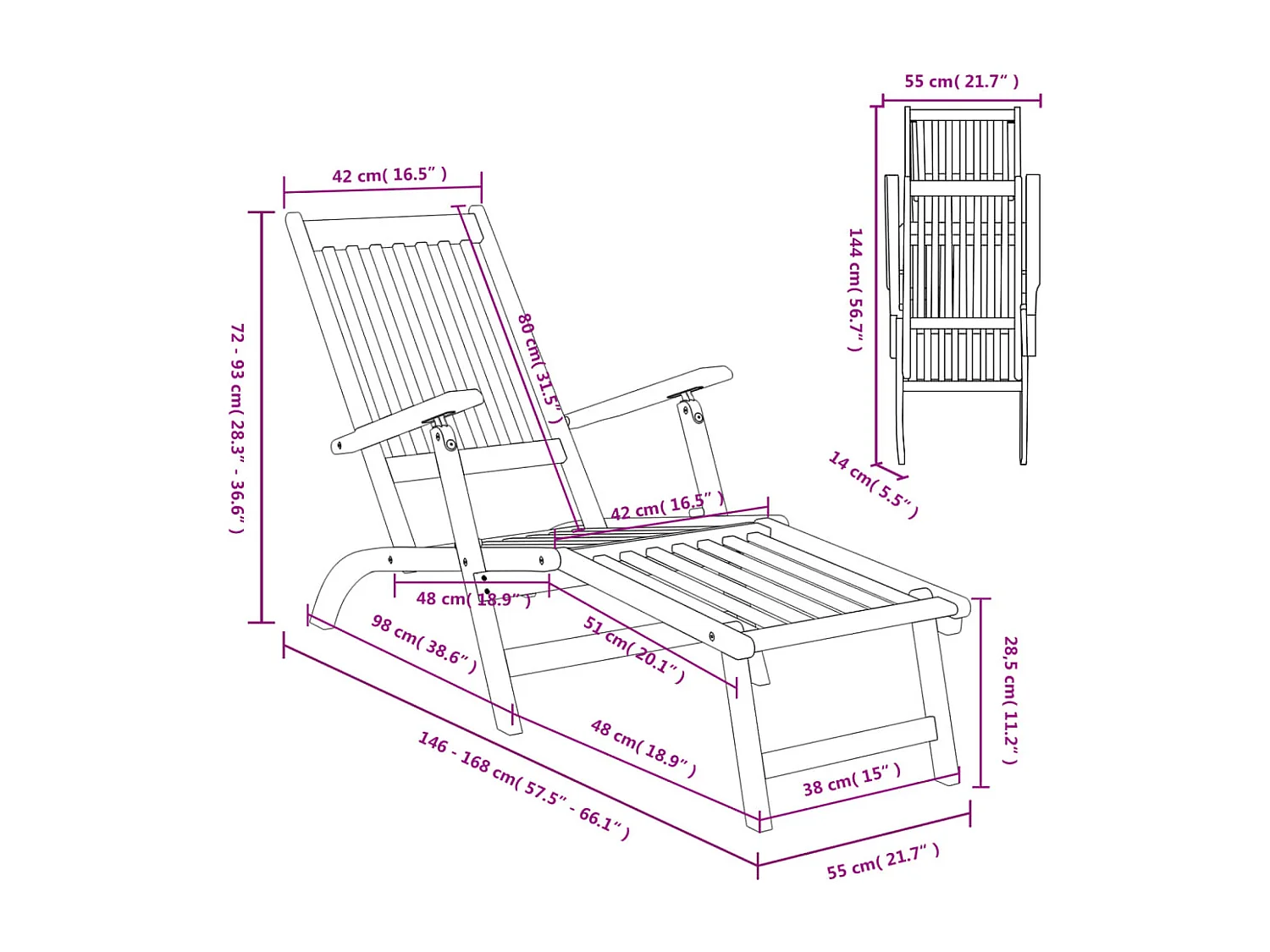 Chaise longue d'extérieur repose-pieds et table Acacia solide