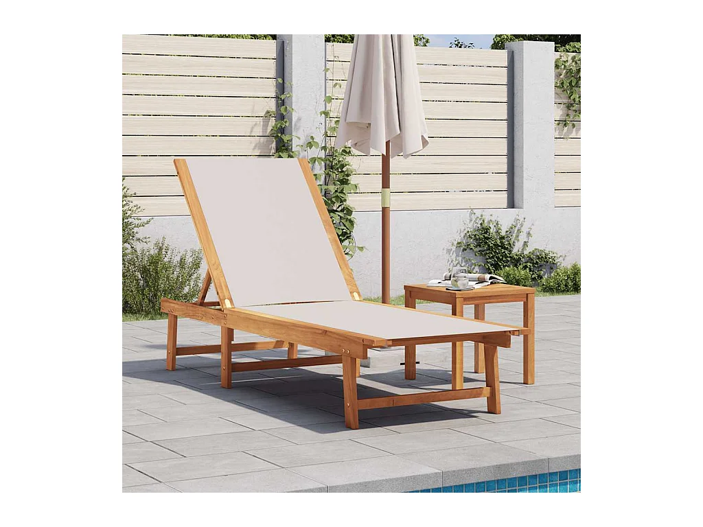 Chaise longue et table gris bois d'acacia solide et textilène