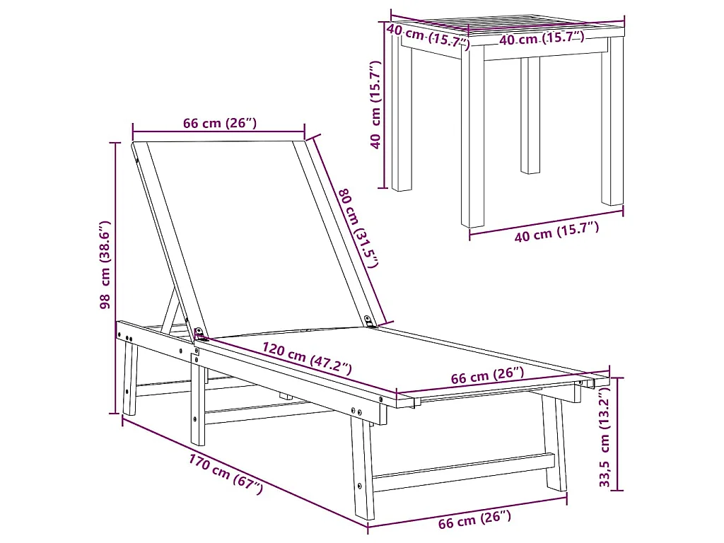 Espreguiçadeira com mesa acácia maciça e textilene cinzento