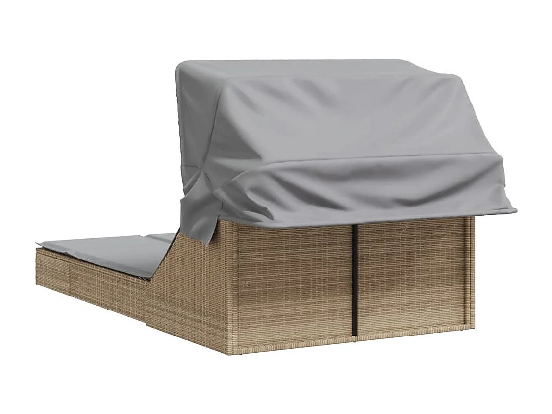 Chaise longue double avec auvent et coussins beige poly rotin