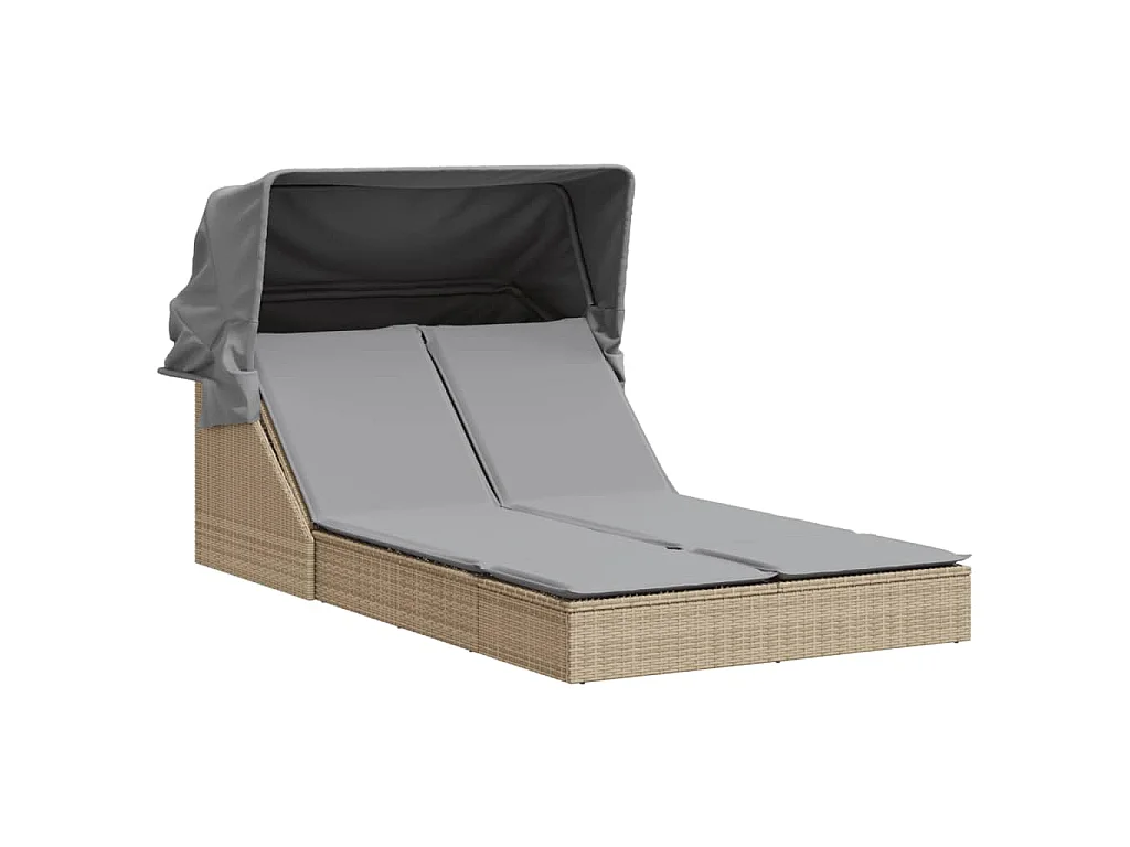 Chaise longue double avec auvent et coussins beige poly rotin