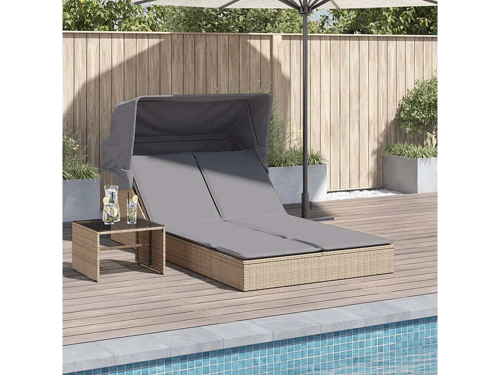 Chaise longue double avec auvent et coussins beige poly rotin