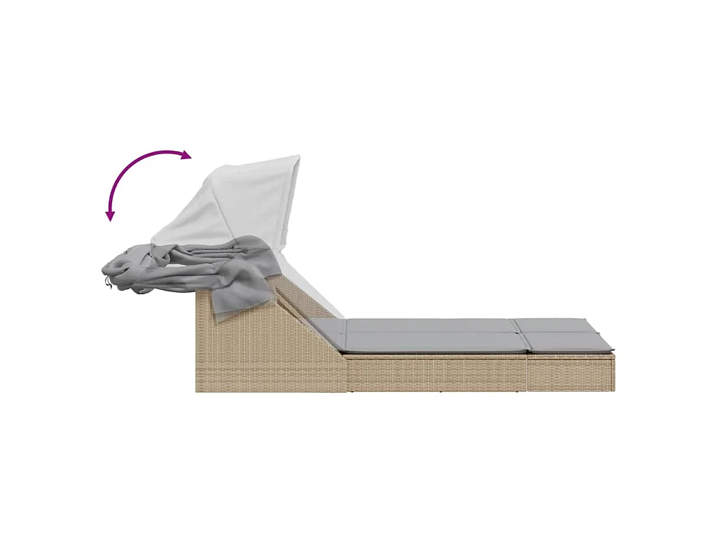 Chaise longue double avec auvent et coussins beige poly rotin
