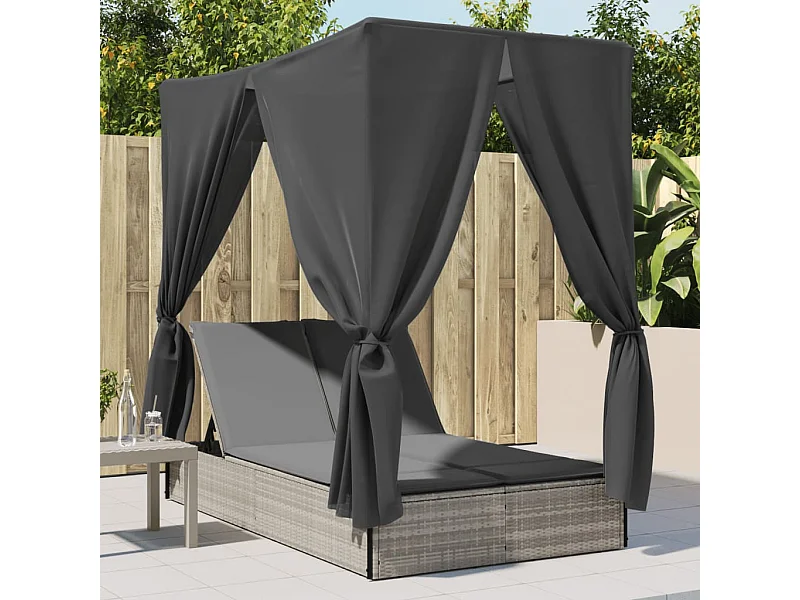 Lettino Prendisole Tetto e Tende Grigio Chiaro in Polyrattan