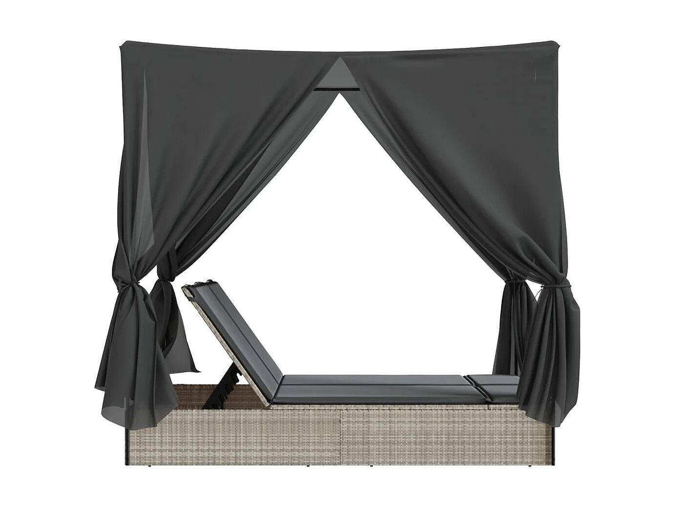 Chaise longue double avec toit et rideaux gris clair poly rotin