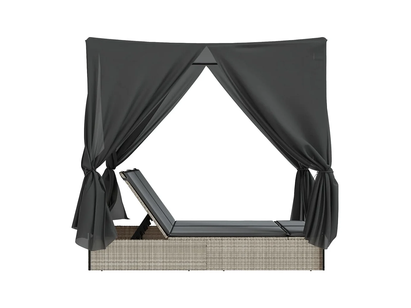 Chaise longue double avec toit et rideaux gris clair poly rotin