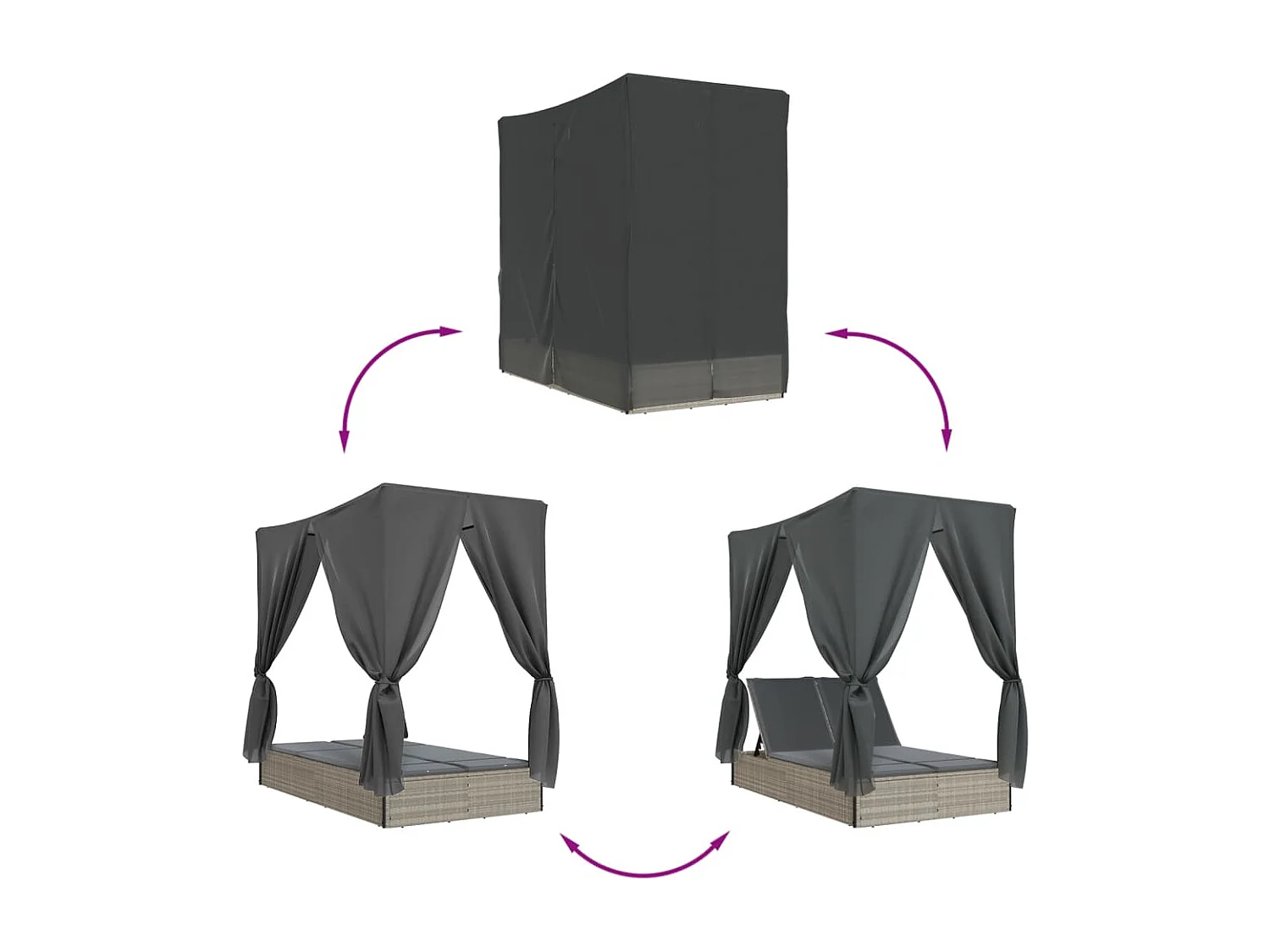 Chaise longue double avec toit et rideaux gris clair poly rotin