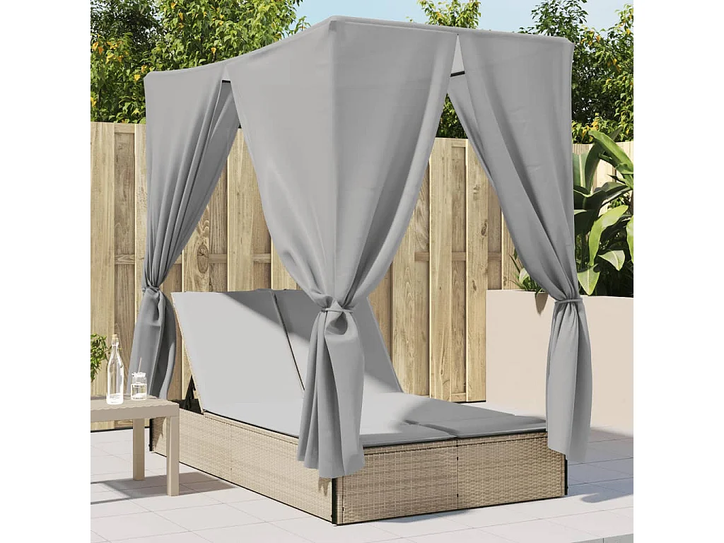 Ligbed tweepersoons met dak en gordijn poly rattan beige