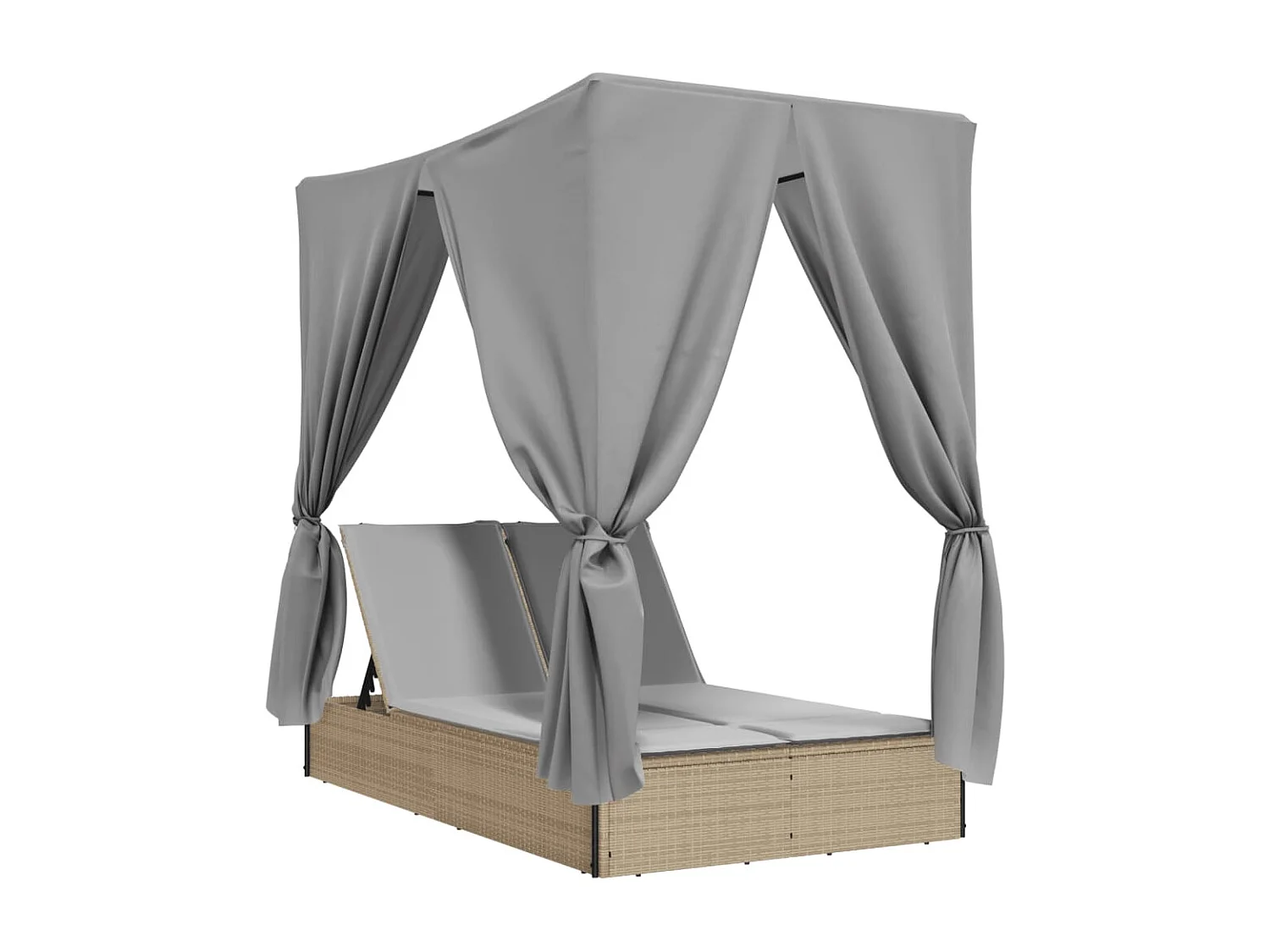 Ligbed tweepersoons met dak en gordijn poly rattan beige