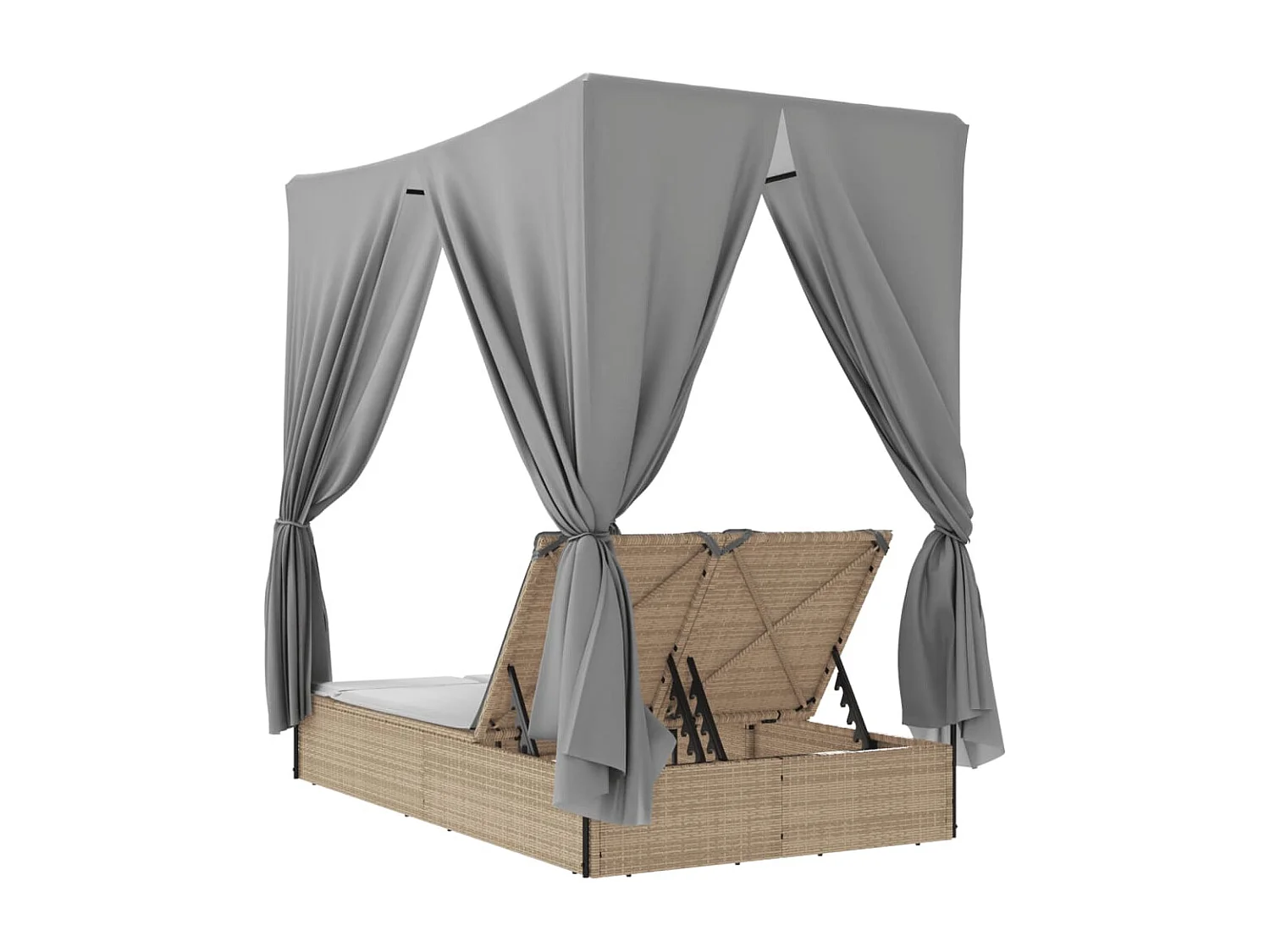 Ligbed tweepersoons met dak en gordijn poly rattan beige