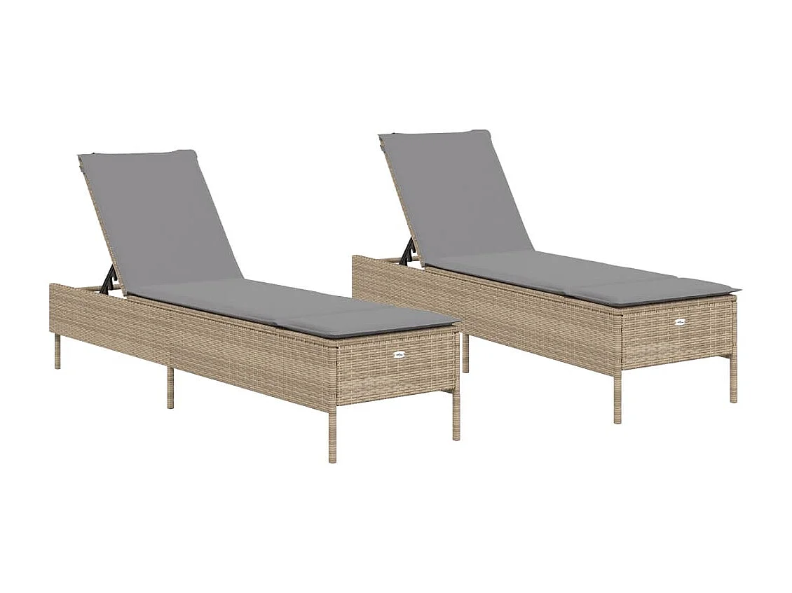 Ligstoelen 2 st met kussens poly rattan beige