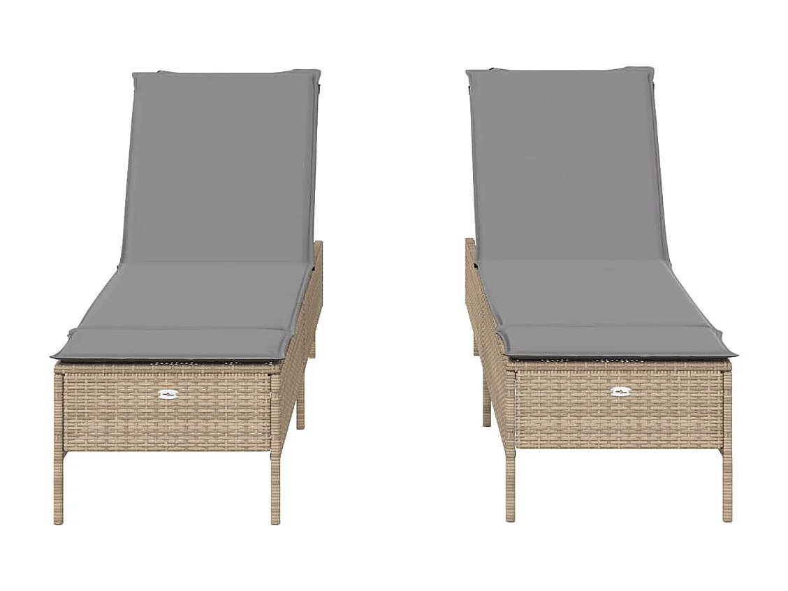 Ligstoelen 2 st met kussens poly rattan beige
