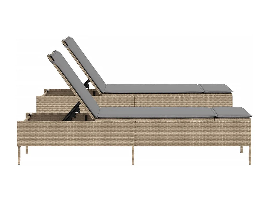 Ligstoelen 2 st met kussens poly rattan beige