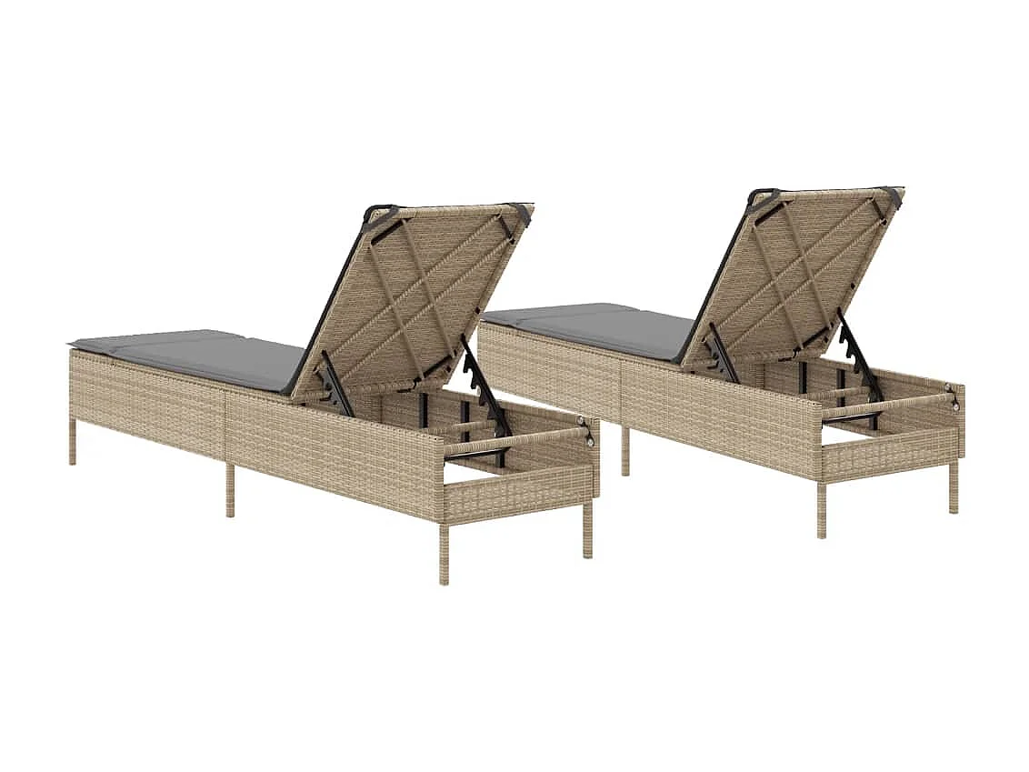 Ligstoelen 2 st met kussens poly rattan beige