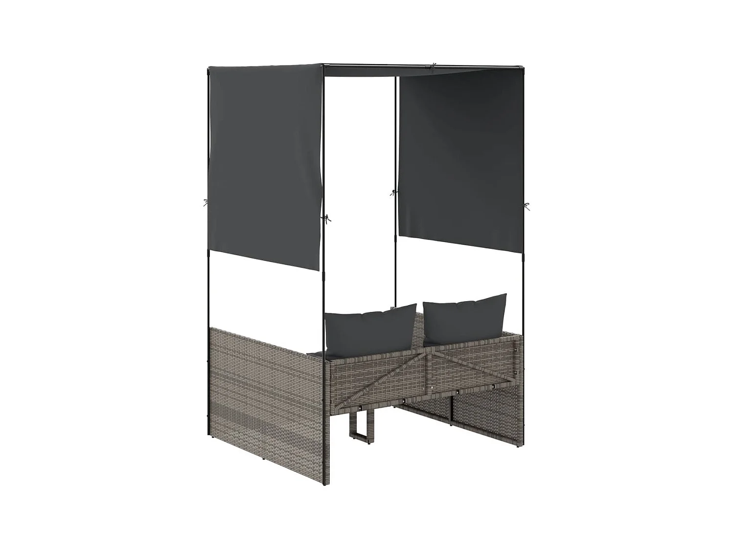 Chaise longue double avec toit et rideaux gris résine tressée