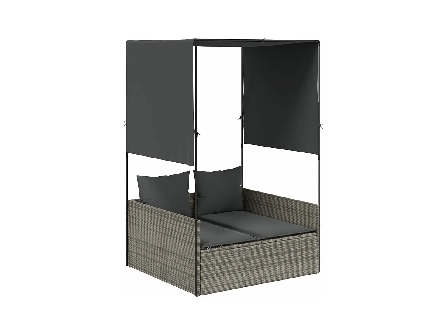 Chaise longue double avec toit et rideaux gris résine tressée