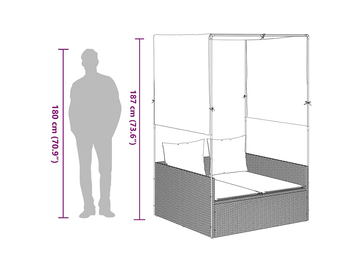 Chaise longue double avec toit et rideaux gris résine tressée