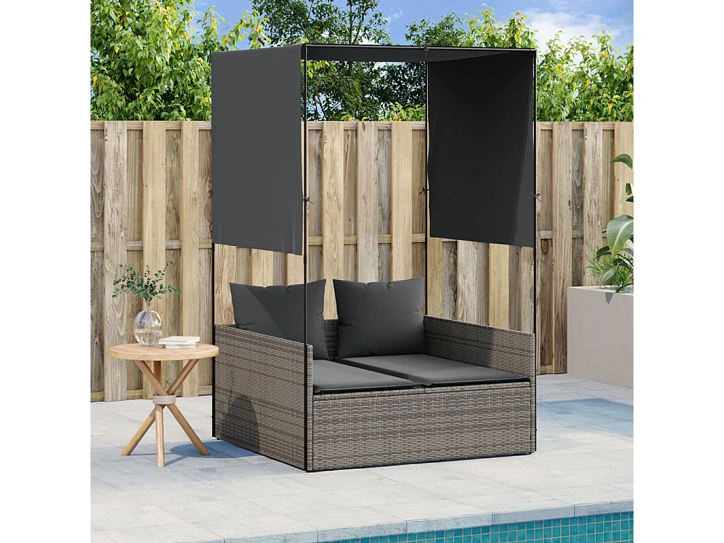 Chaise longue double avec toit et rideaux gris résine tressée