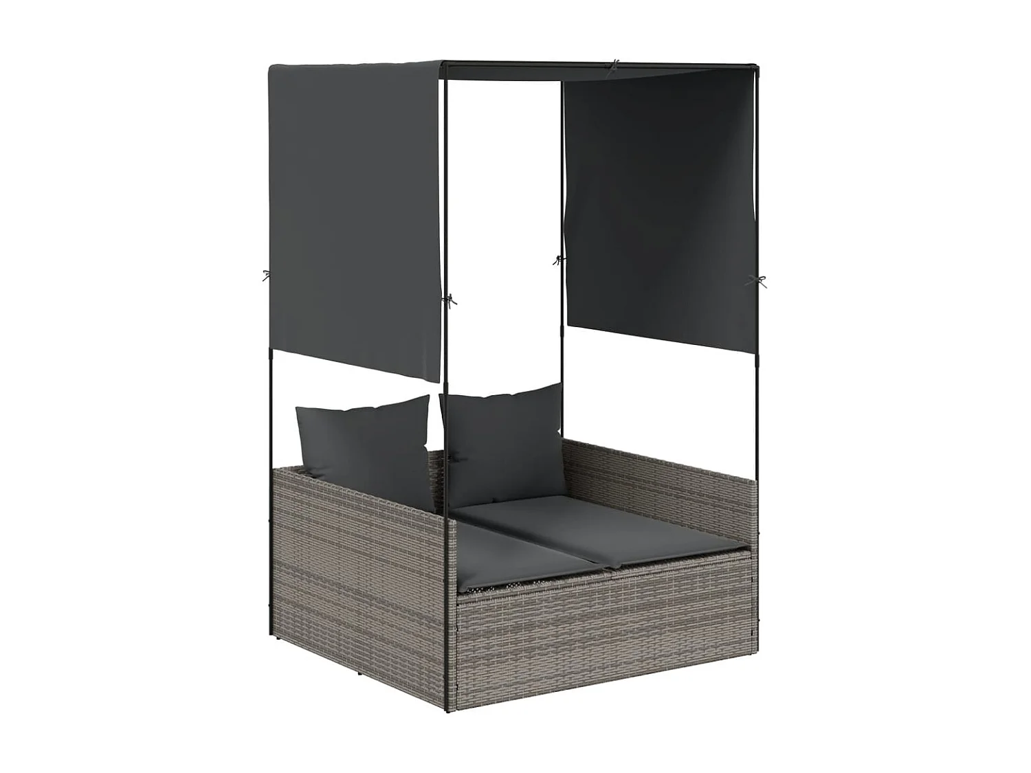 Chaise longue double avec toit et rideaux gris résine tressée
