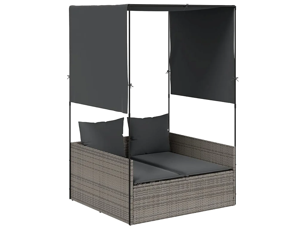 Ligbed tweepersoons met dak en gordijn poly rattan grijs