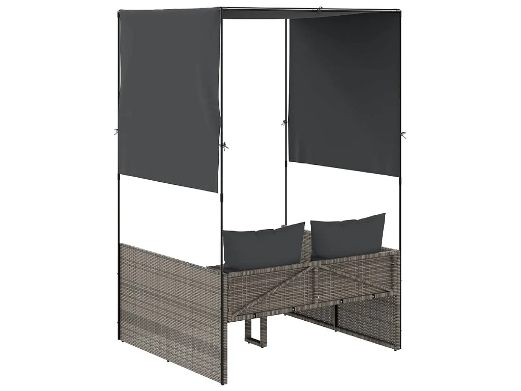 Ligbed tweepersoons met dak en gordijn poly rattan grijs