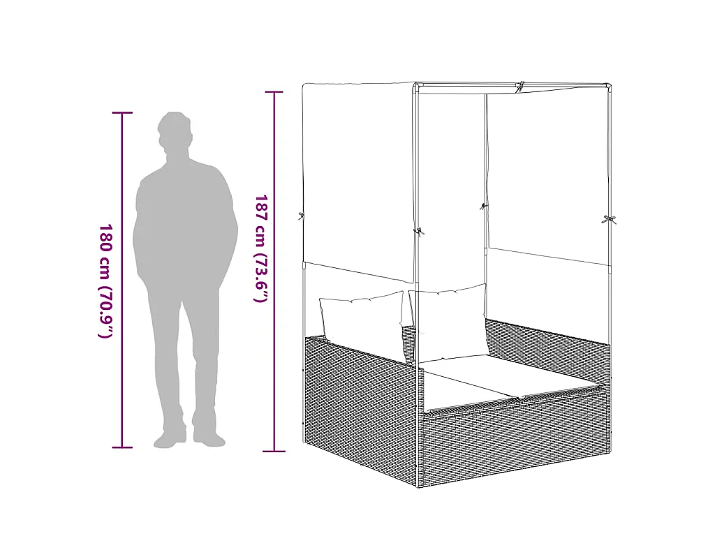 Ligbed tweepersoons met dak en gordijn poly rattan grijs