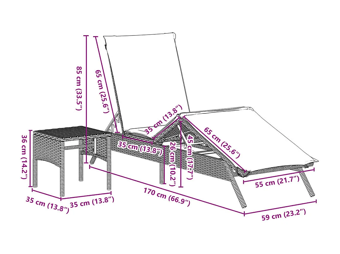Chaises longues lot de 2 avec table marron résine tressée
