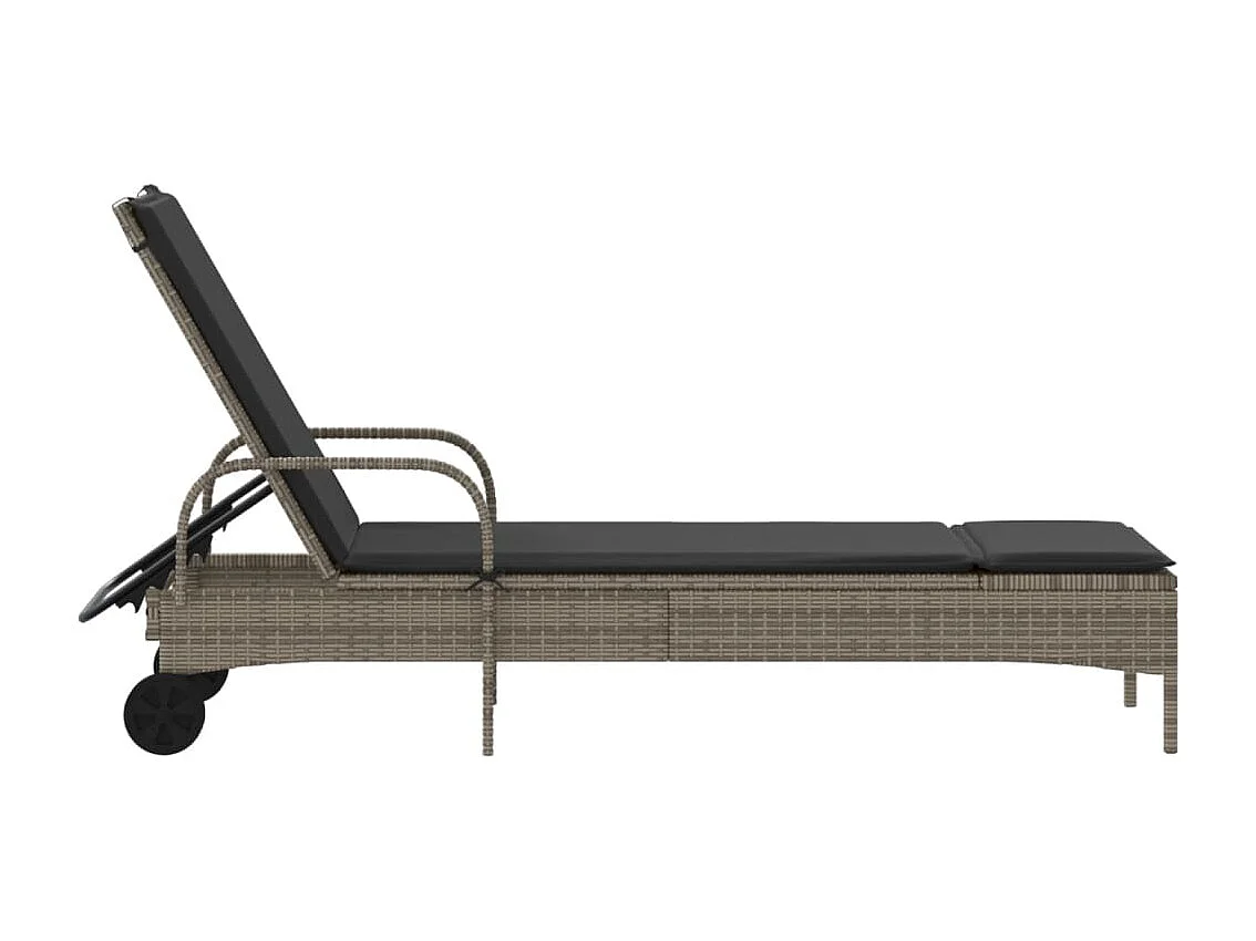 Ligbed met wielen en kussen poly rattan grijs