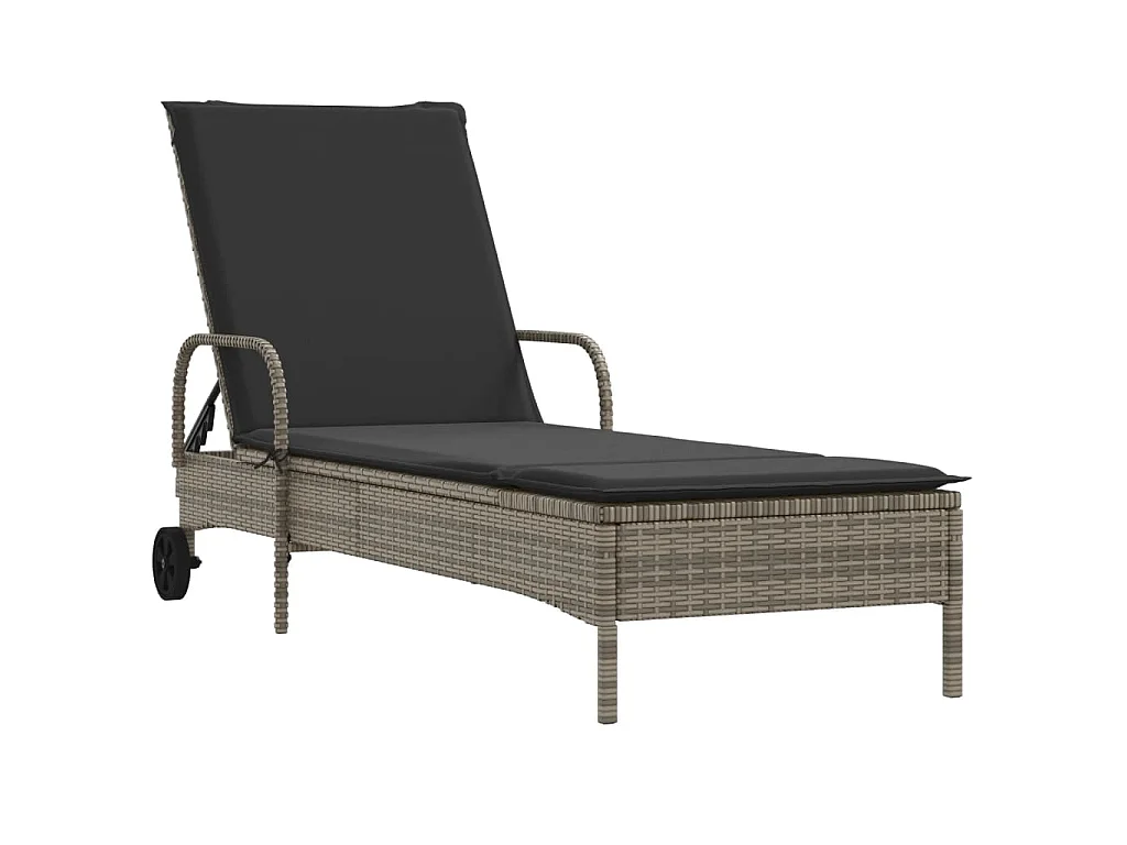 Ligbed met wielen en kussen poly rattan grijs
