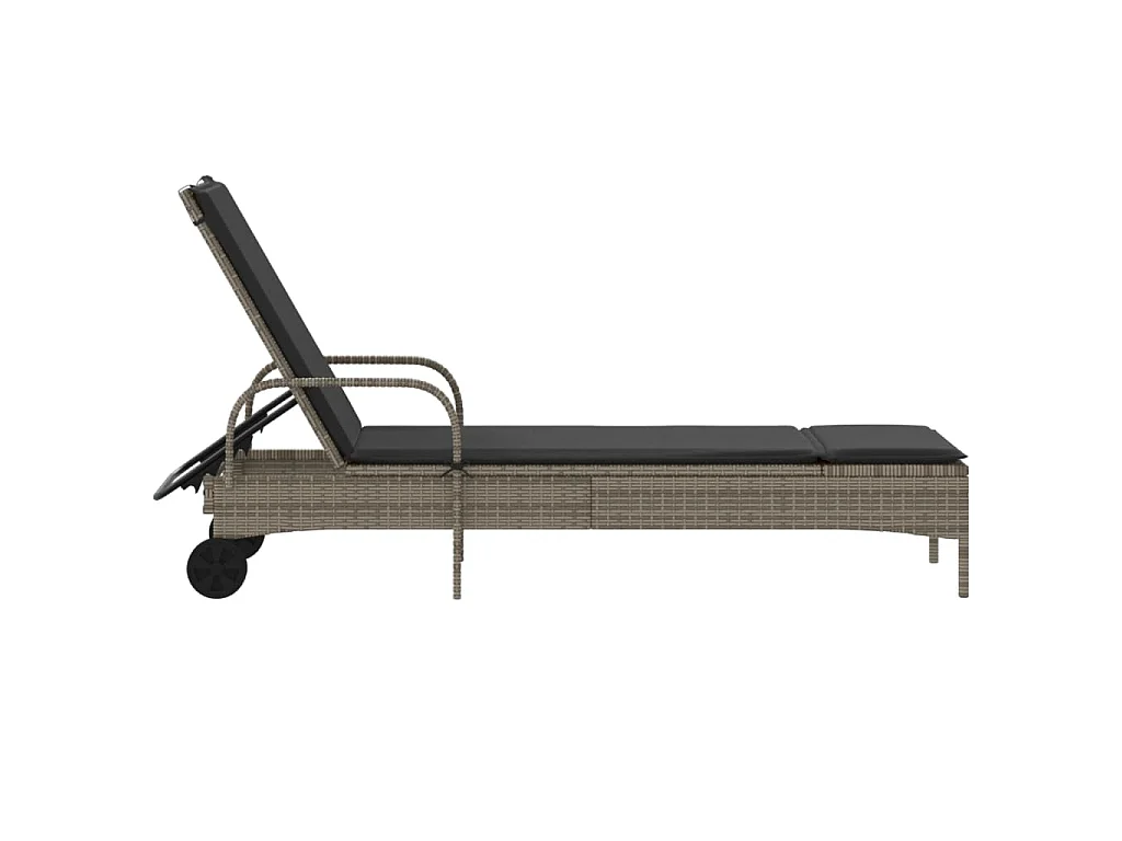 Ligbed met wielen en kussen poly rattan grijs
