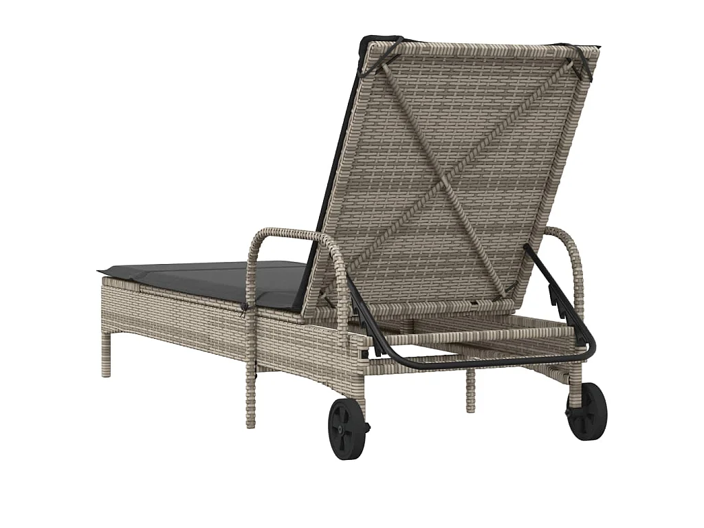 Ligbed met wielen en kussen poly rattan grijs