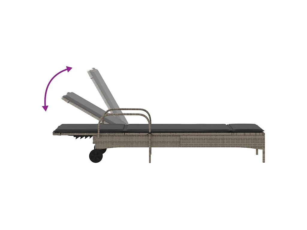 Ligbed met wielen en kussen poly rattan grijs