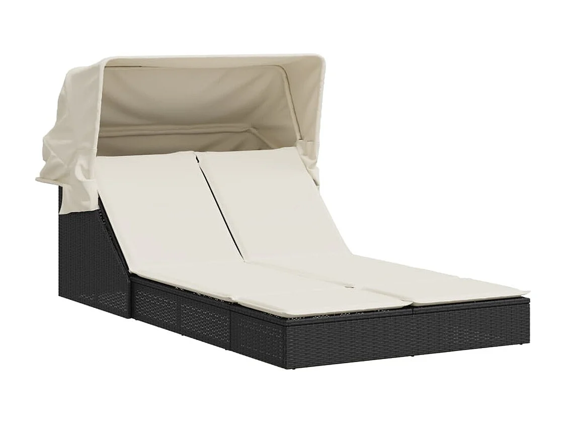 Ligbed 2-persoons met luifel en kussens poly rattan zwart