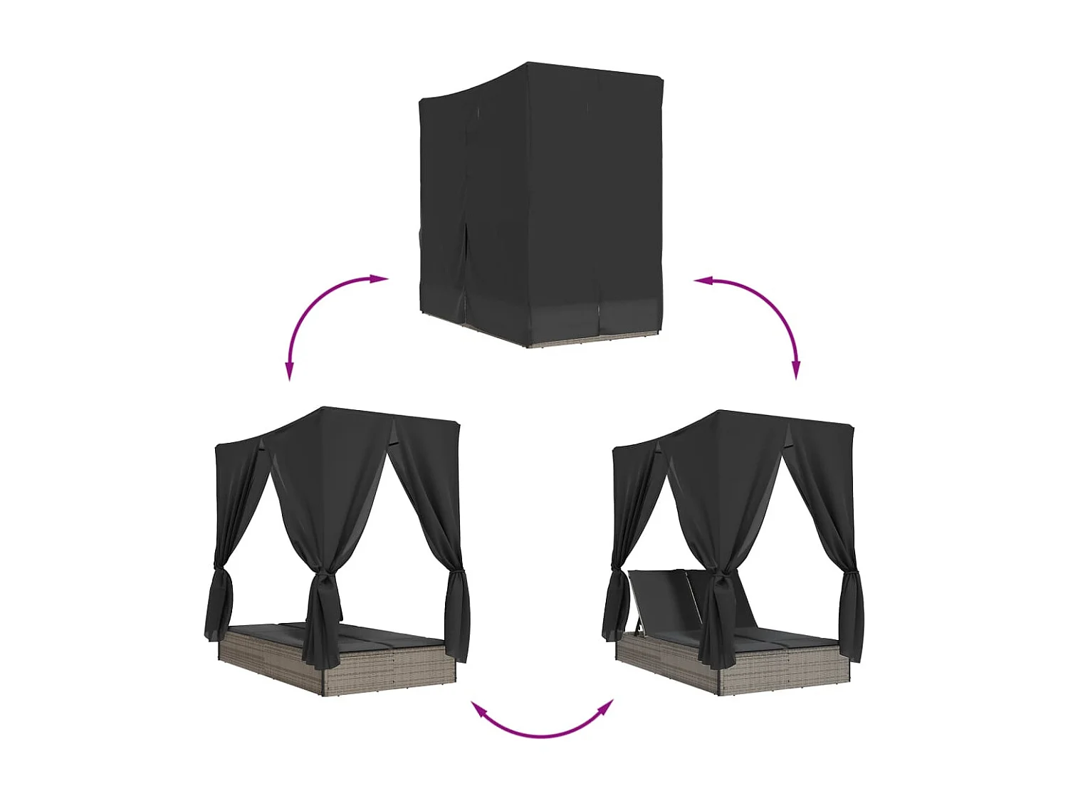 Espreguiçadeira dupla com teto e cortinas vime PE cinzento