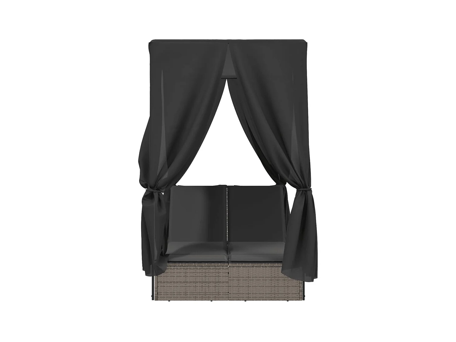 Chaise longue double avec toit et rideaux gris résine tressée