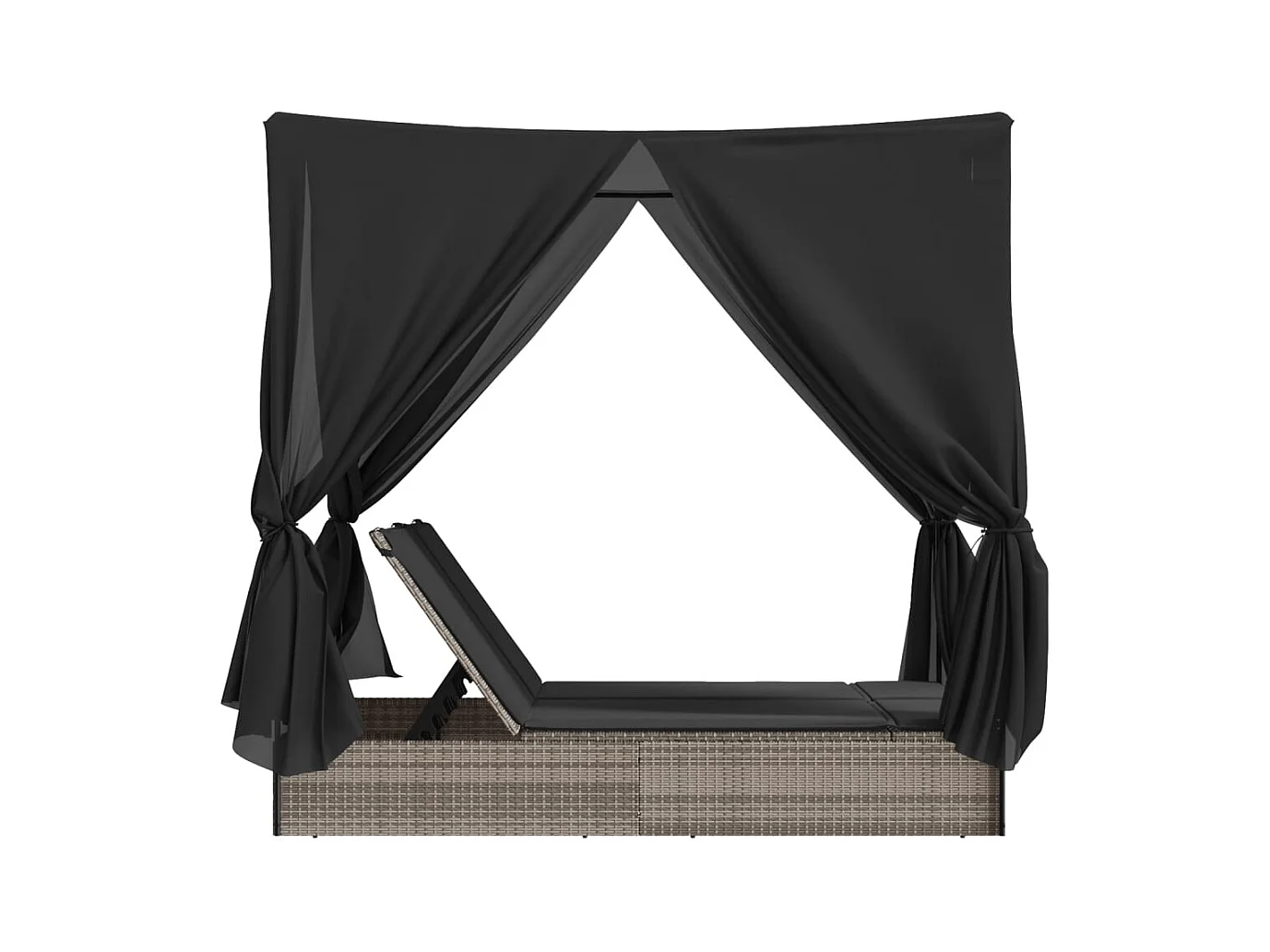 Chaise longue double avec toit et rideaux gris résine tressée