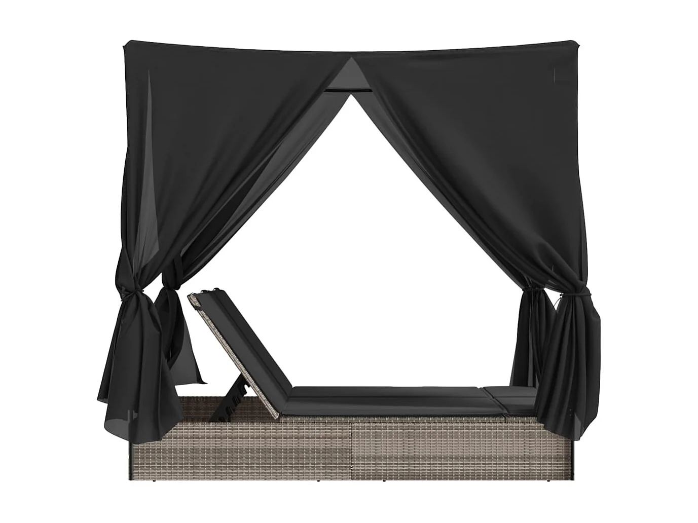 Chaise longue double avec toit et rideaux gris résine tressée