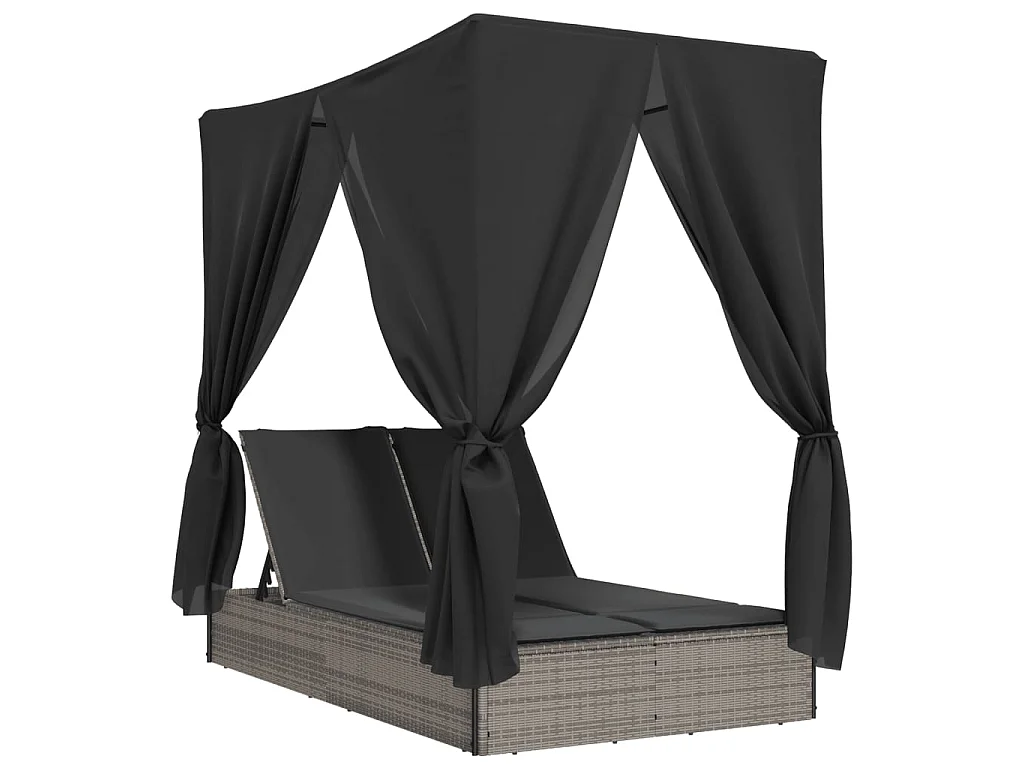 Ligbed tweepersoons met dak en gordijn poly rattan grijs