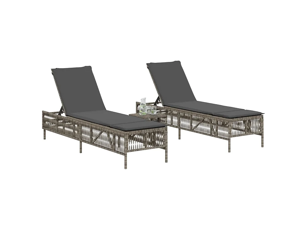 Lettini Prendisole 2 pz con Tavolino Grigio in Polyrattan