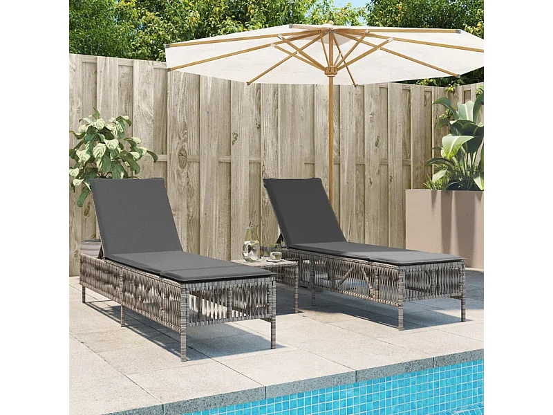 Chaises longues lot de 2 avec table gris résine tressée