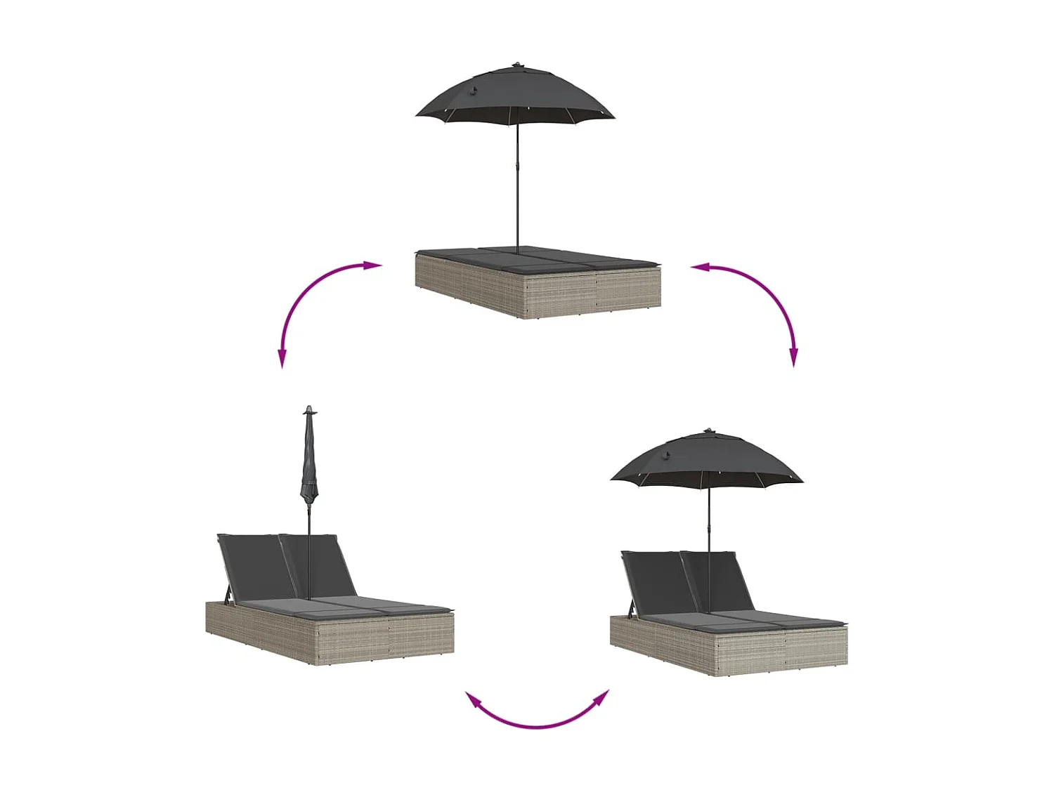 Chaise longue double avec coussins et parasol gris clair rotin