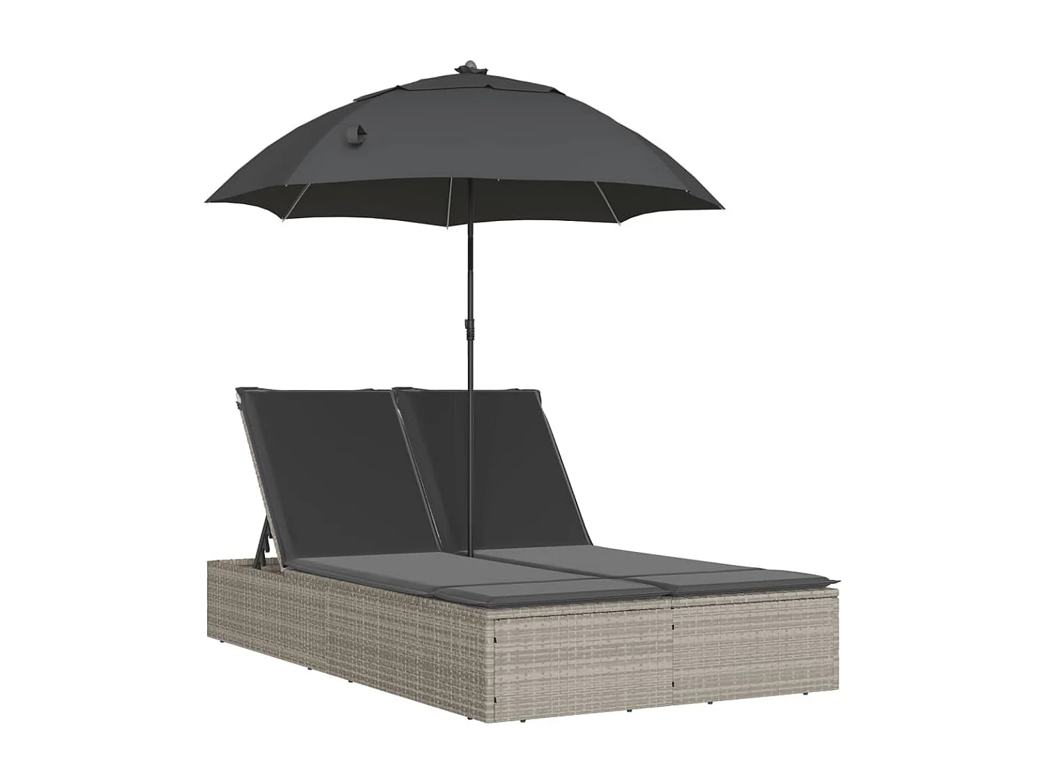 Ligbed 2-persoons met kussens en parasol poly rattan lichtgrijs