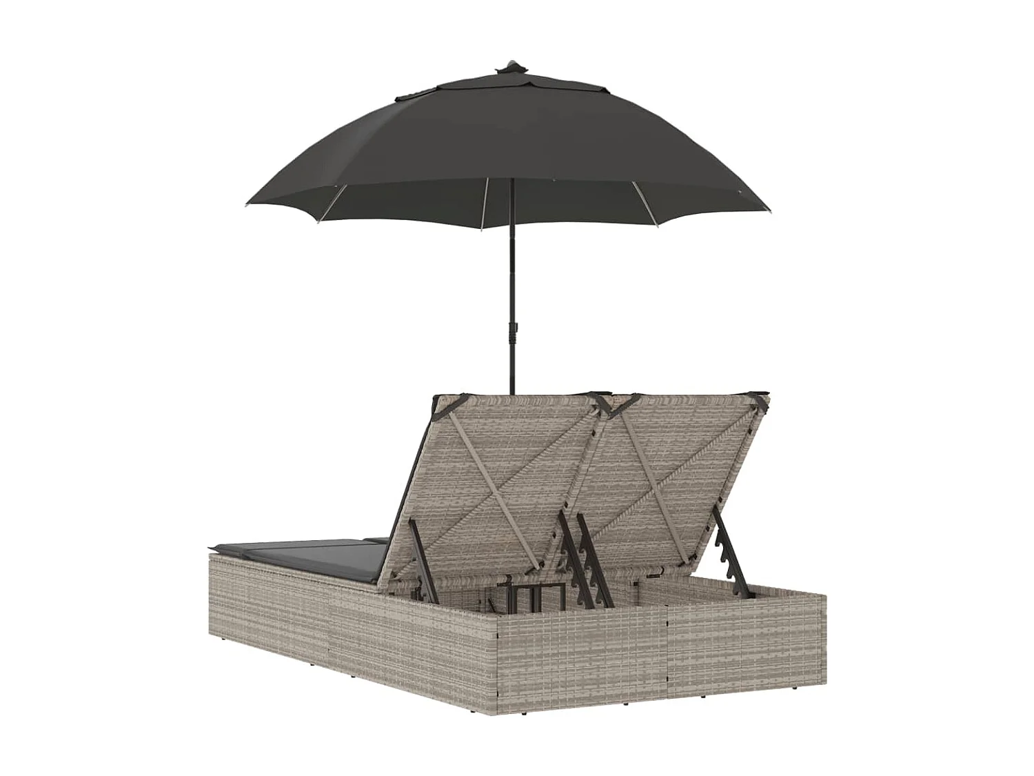 Ligbed 2-persoons met kussens en parasol poly rattan lichtgrijs