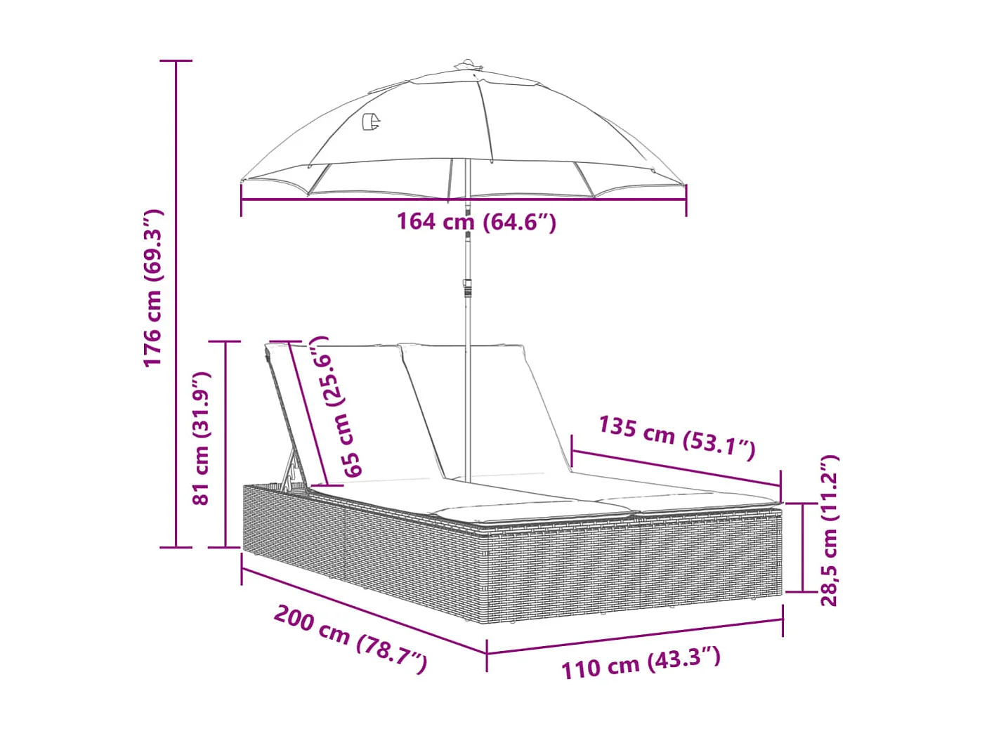 Ligbed 2-persoons met kussens en parasol poly rattan lichtgrijs