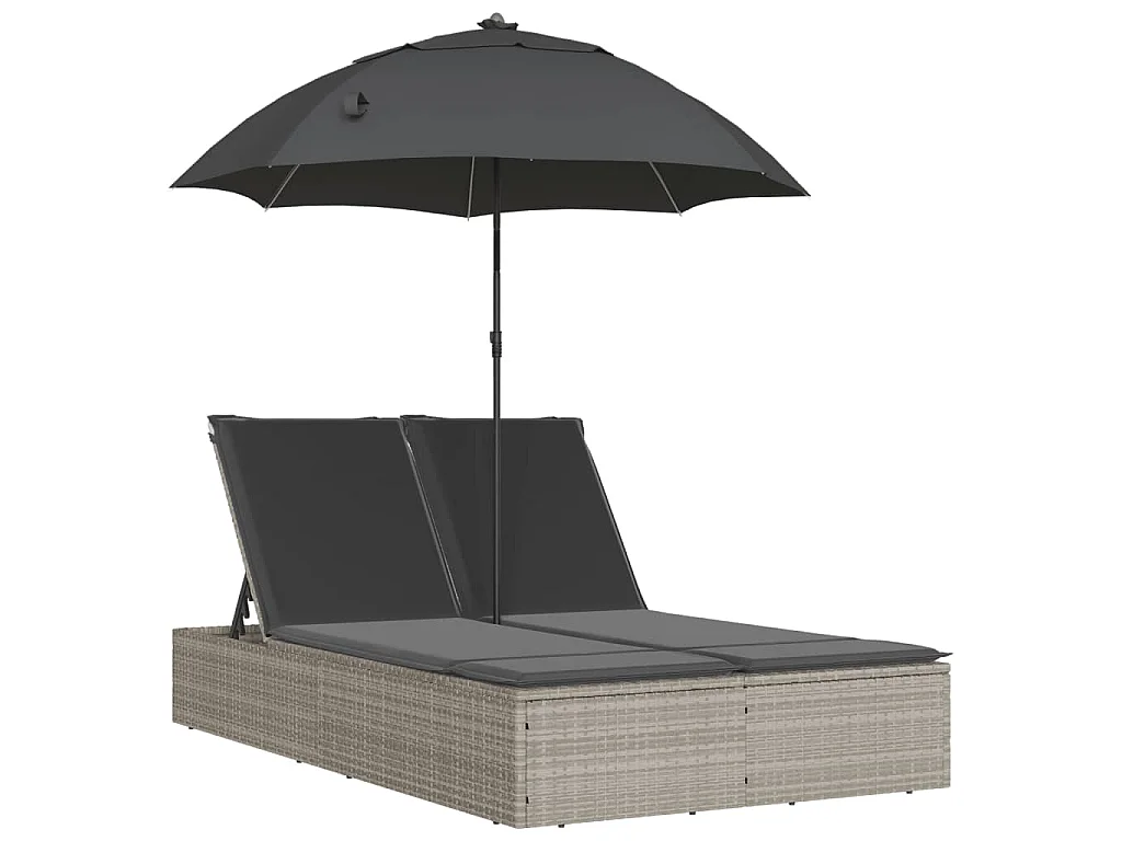 Lettino Prendisole Cuscini e Parasole Grigio Chiaro Polyrattan