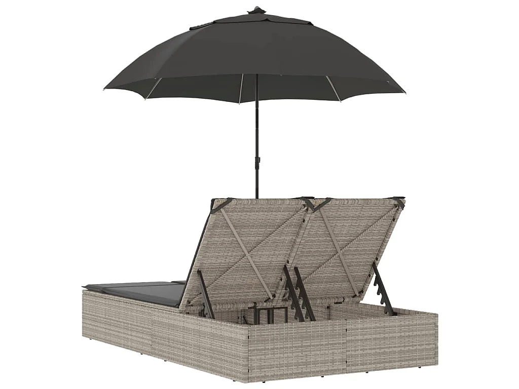 Lettino Prendisole Cuscini e Parasole Grigio Chiaro Polyrattan