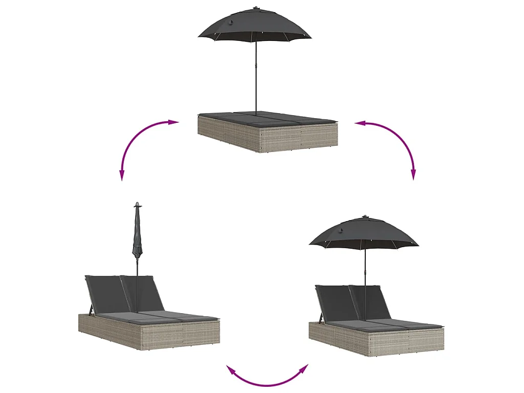 Lettino Prendisole Cuscini e Parasole Grigio Chiaro Polyrattan