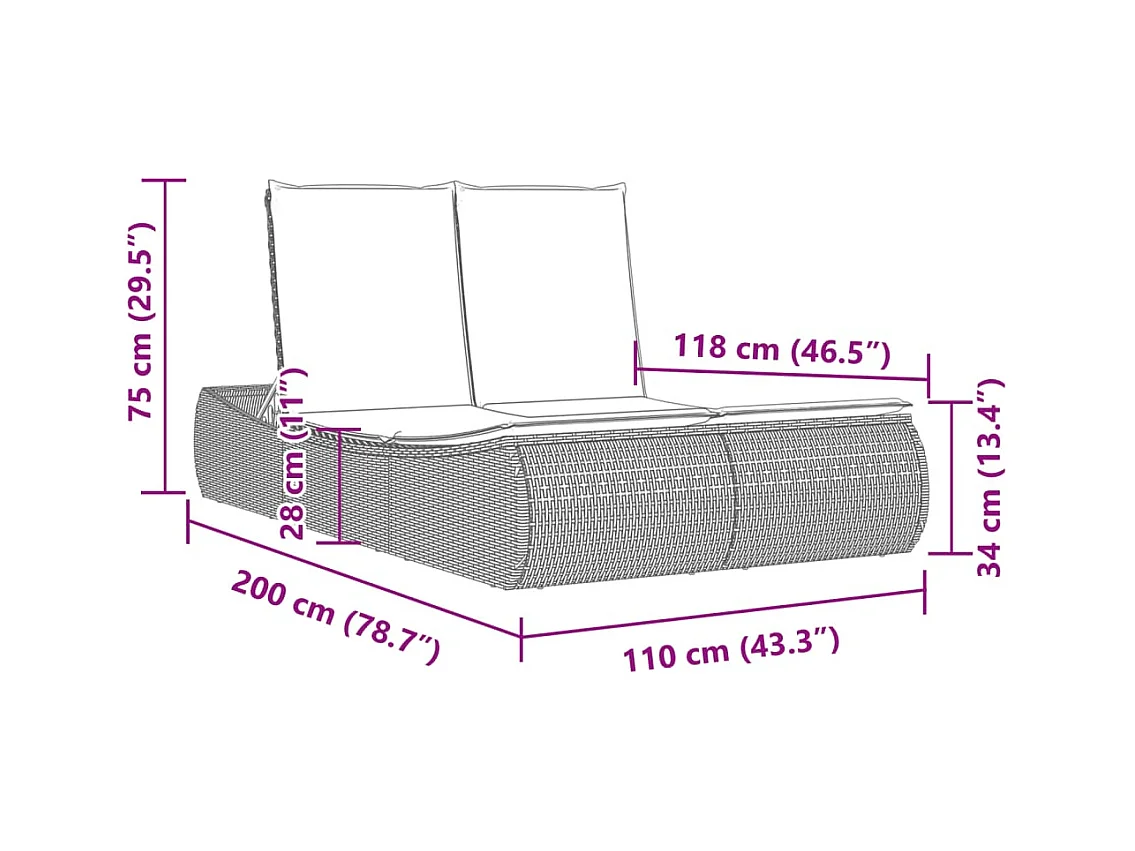 Chaise longue double avec coussins gris résine tressée